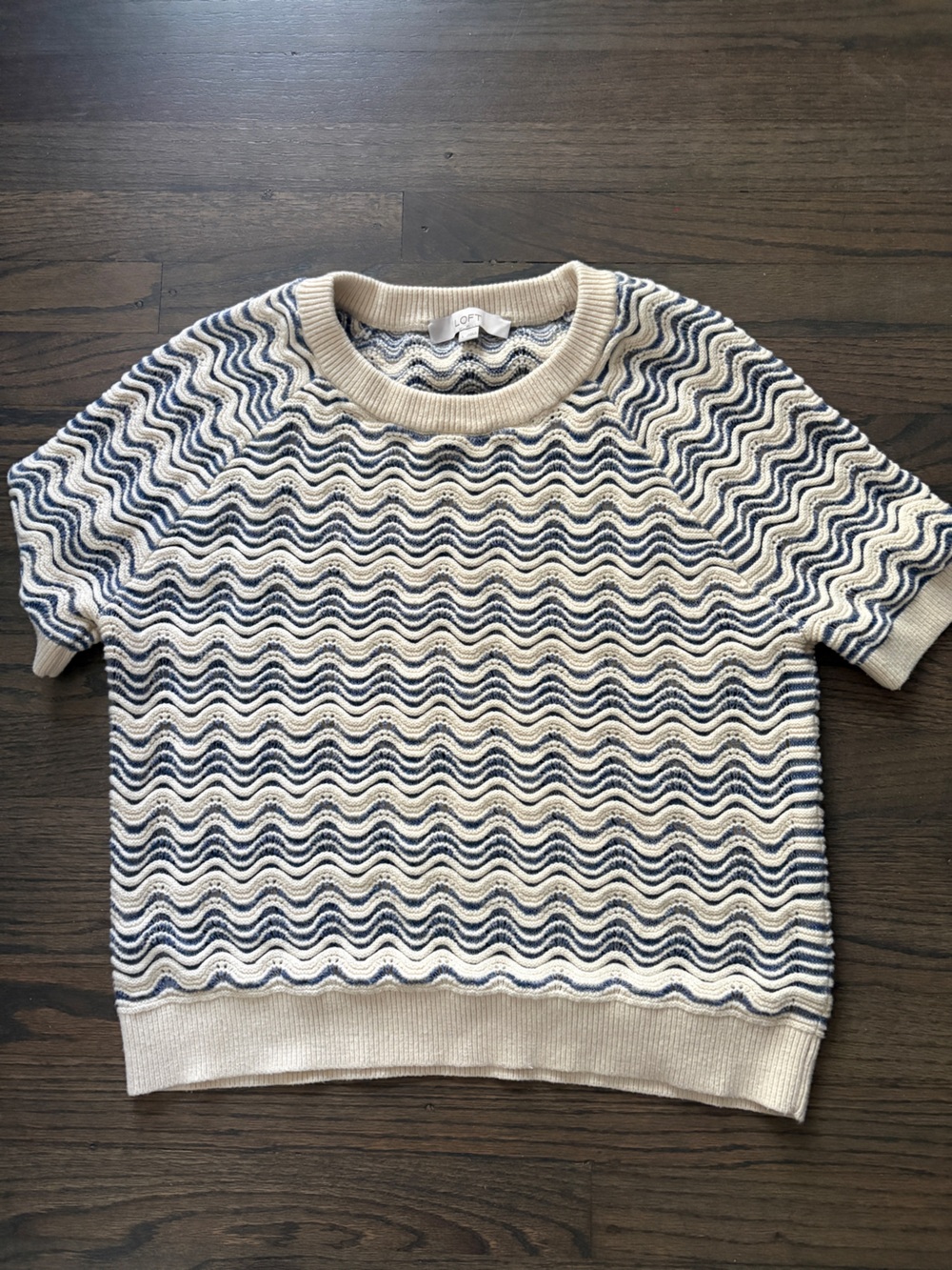 LOFT Cream & Slate Blue Wave Knit Short-Sleeve Sweater